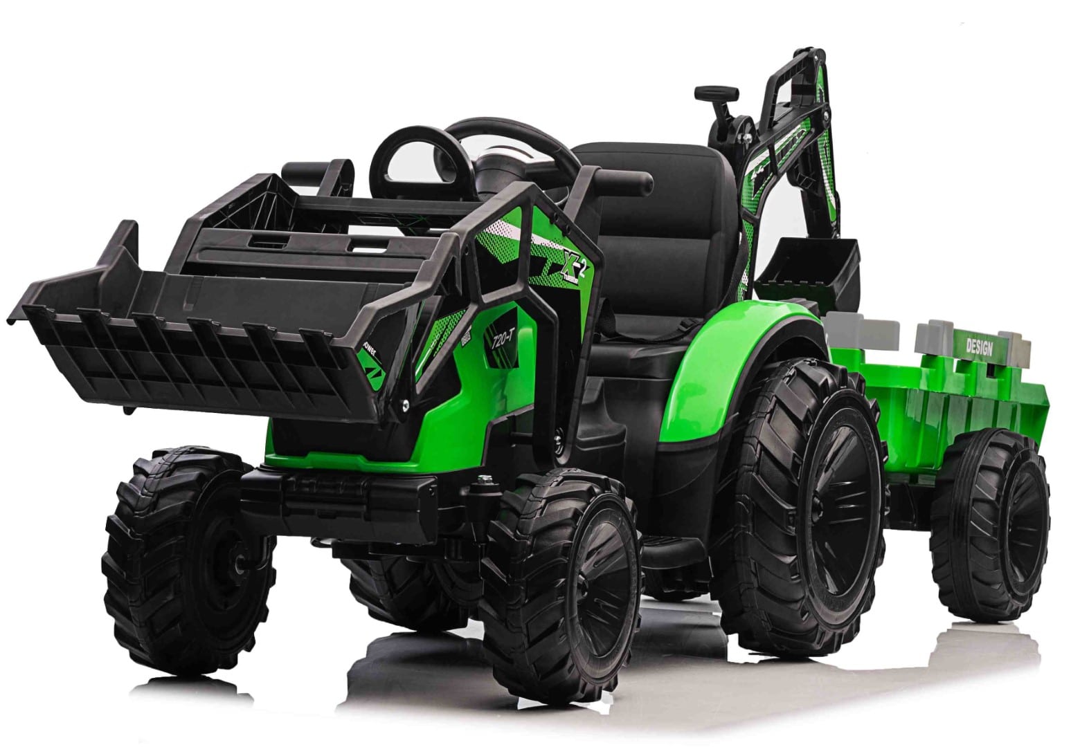 EL Traktor med Frontskovl + Gravekran + Trailer til Børn 21,6V Grøn